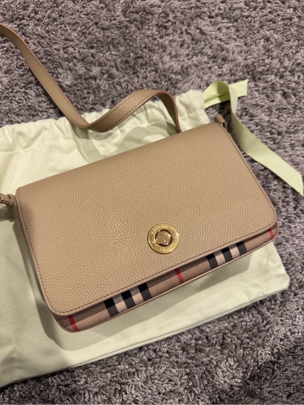 Burberry Grainy Calfskin Vintage Check Hampshire Crossbody Beige